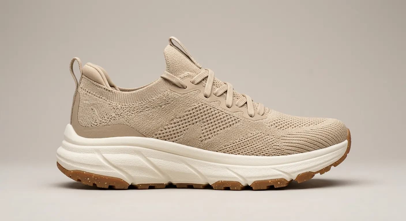 Sand-colored Stridesole Drift shoe with a chunky cream midsole