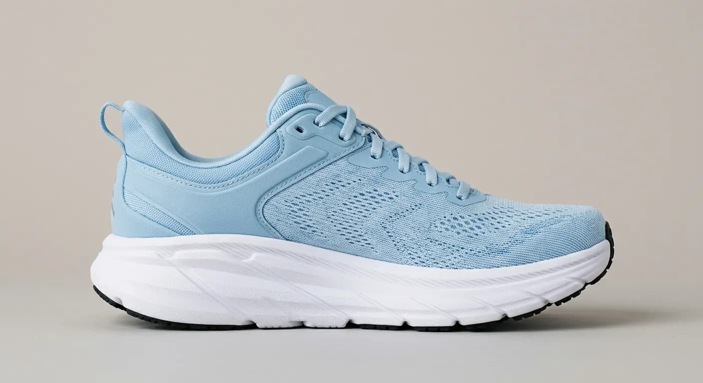 Light sky blue Stridesole Nimbus running shoe with a white foam sole