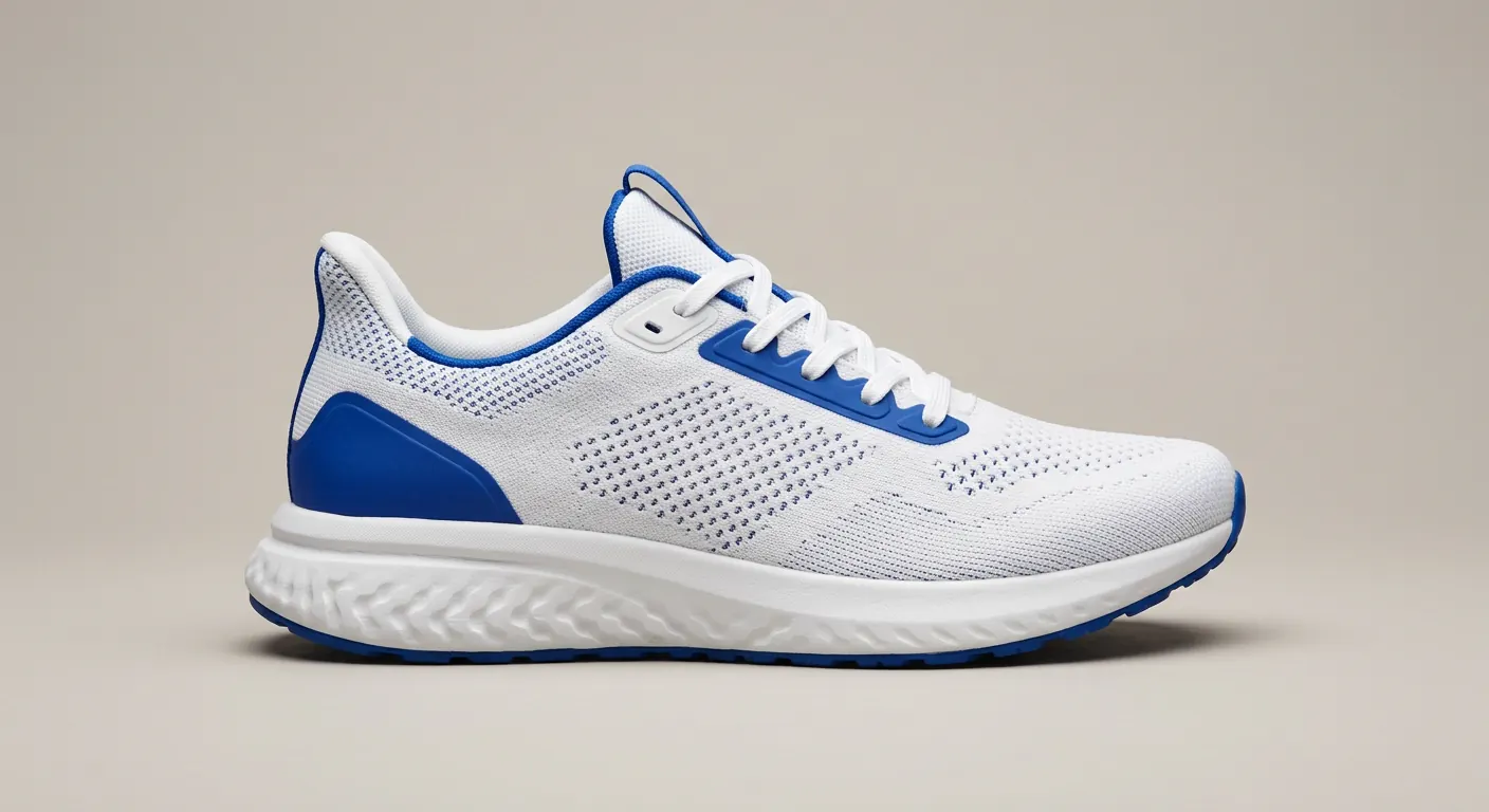 White Stridesole Pace running shoe with cobalt blue accents